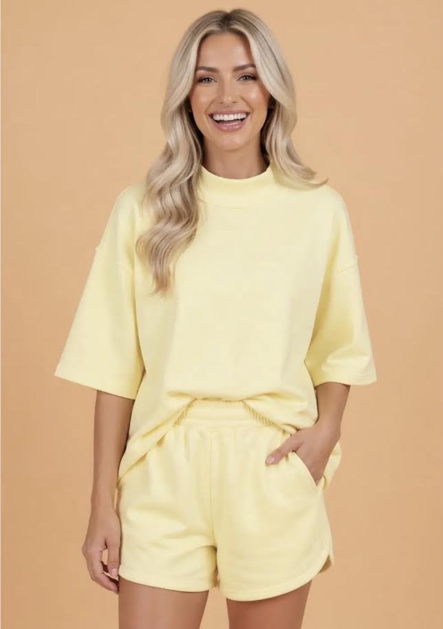 Mock Neck Tee + Shorts Set - Yellow