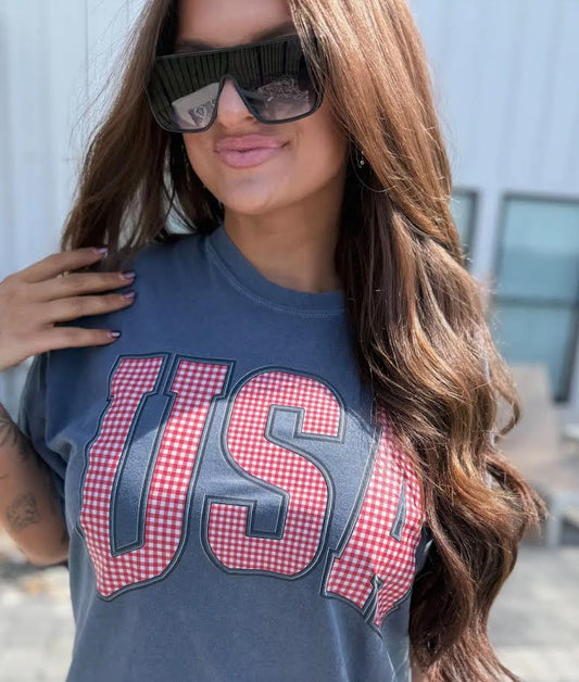 Red Gingham USA Tee