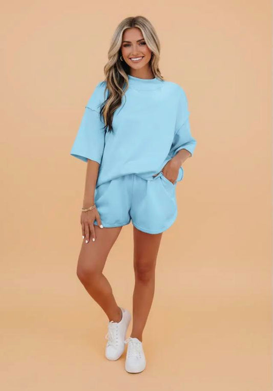 Mock Neck Tee + Shorts Set - Blue