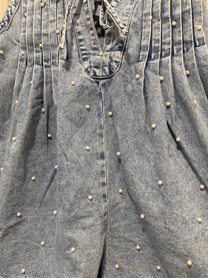 Pearl Stud Denim Romper