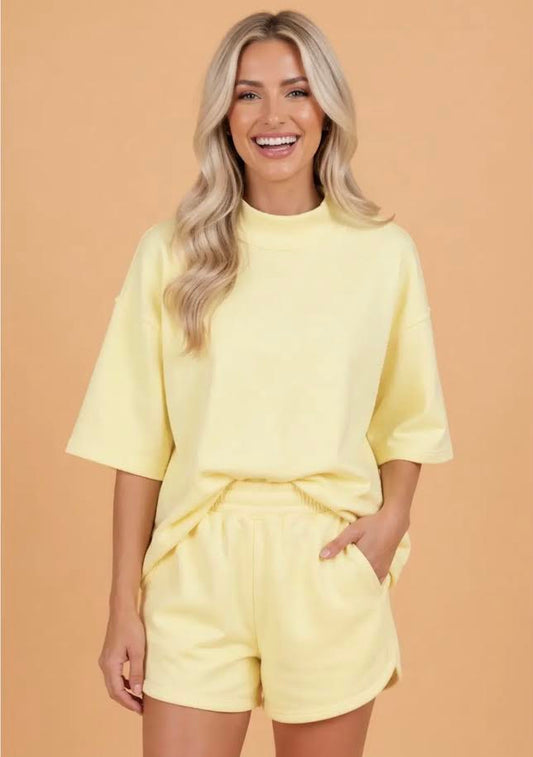 Mock Neck Tee + Shorts Set - Yellow