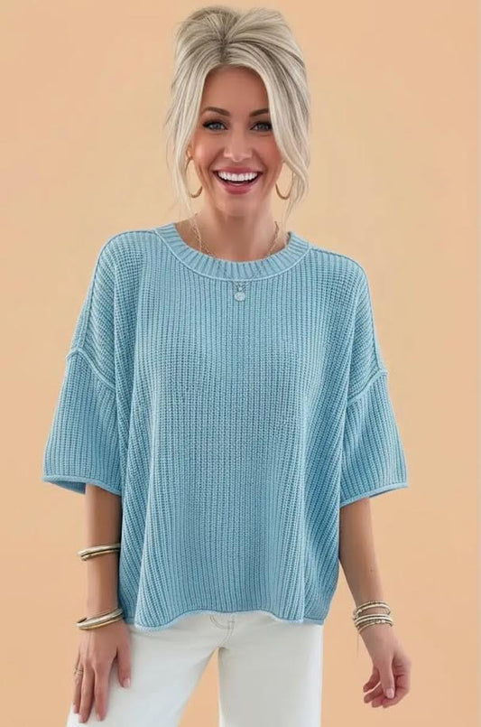 Exposed Seam Short Sleeve Sweater Blue