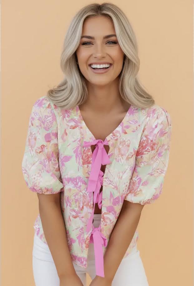 Tie Front Floral Ribbon Blouse
