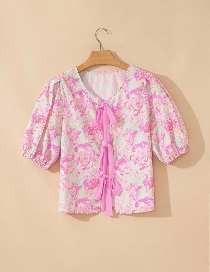 Tie Front Floral Ribbon Blouse