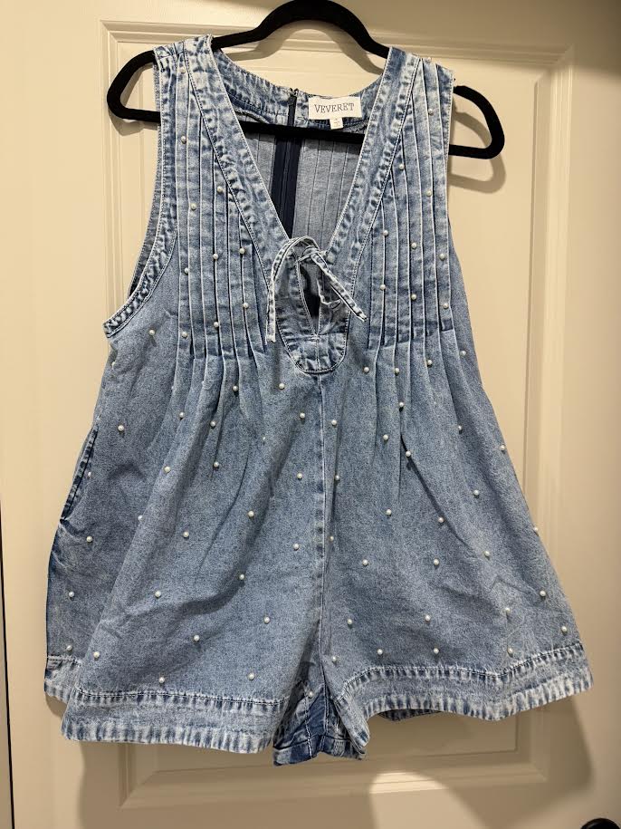 Pearl Stud Denim Romper