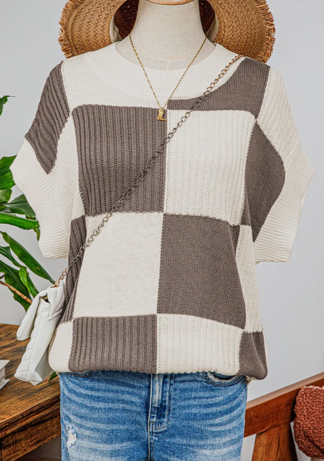 Checkered Short Sleeve Sweater