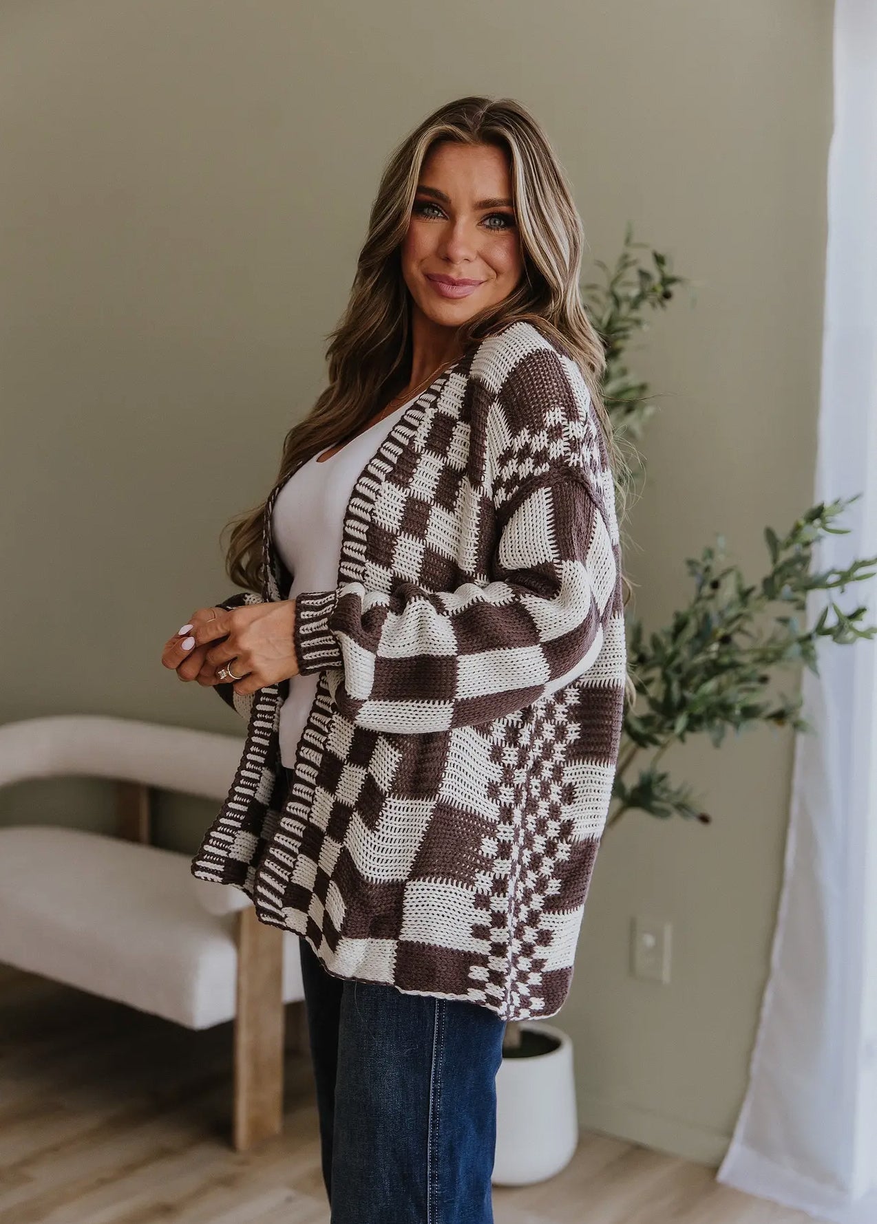 Brown Checkered Cardigan